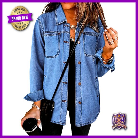 Denim Jacket Shacket Button Down Western Work Jacket Trendy Long Sleeve
